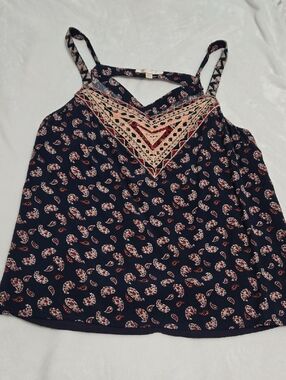 EUC Skies are‎ Blue Sleeveless Rayon Blouse, Boho Navy/Red Size Large